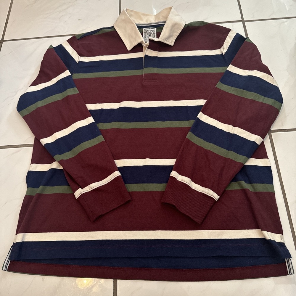VTG Lands End Rugby Polo Mens XL 46-48 Shirt Long Sleeve Collared Cotton 26x29